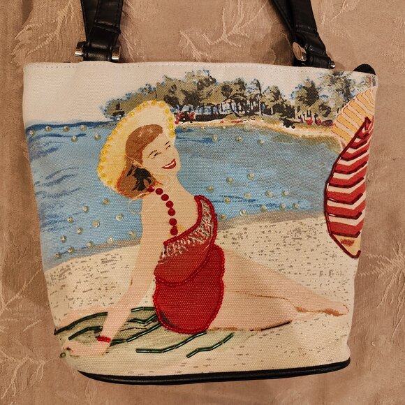 Vintage Beaded Woman on Beach Shoulder Bag, Excellent Used Condition! (EUC) - Picture 3 of 12